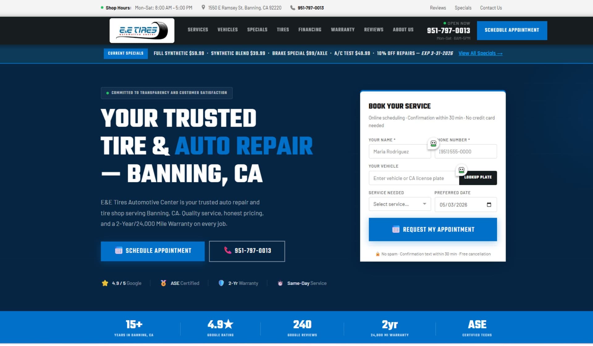 Service business website hero with online appointment booking form