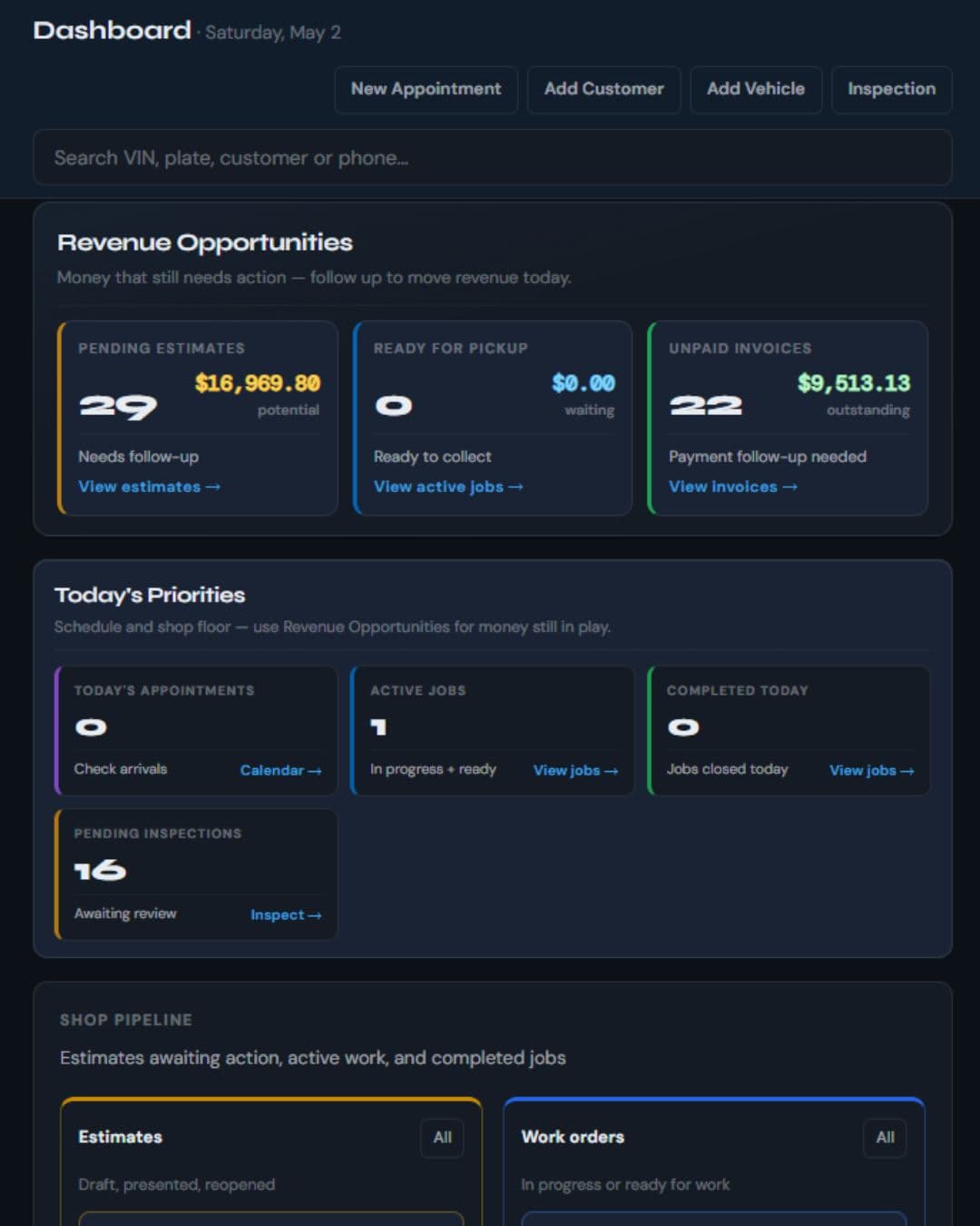 CRM dashboard and pipeline view