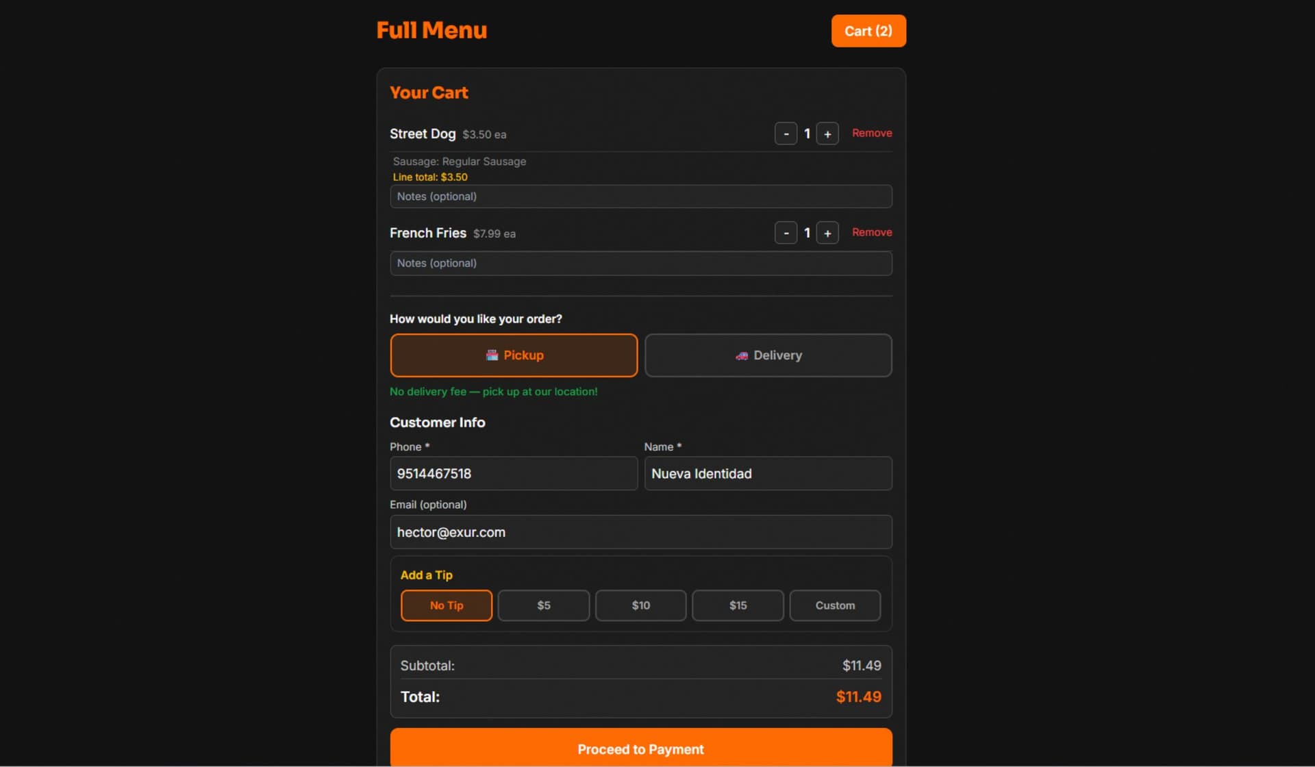 Restaurant storefront online ordering interface