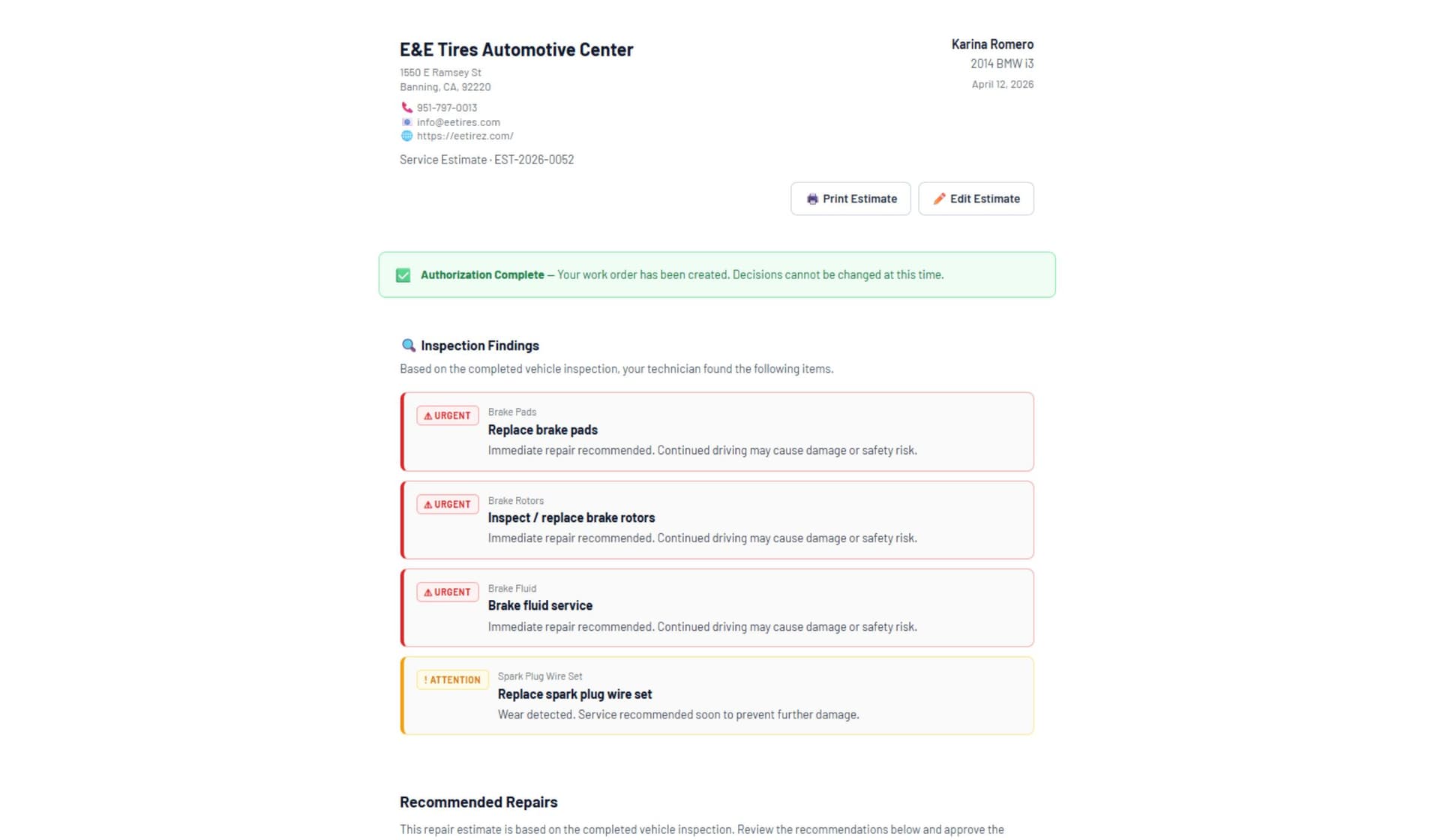 Auto repair estimate and inspection approval view
