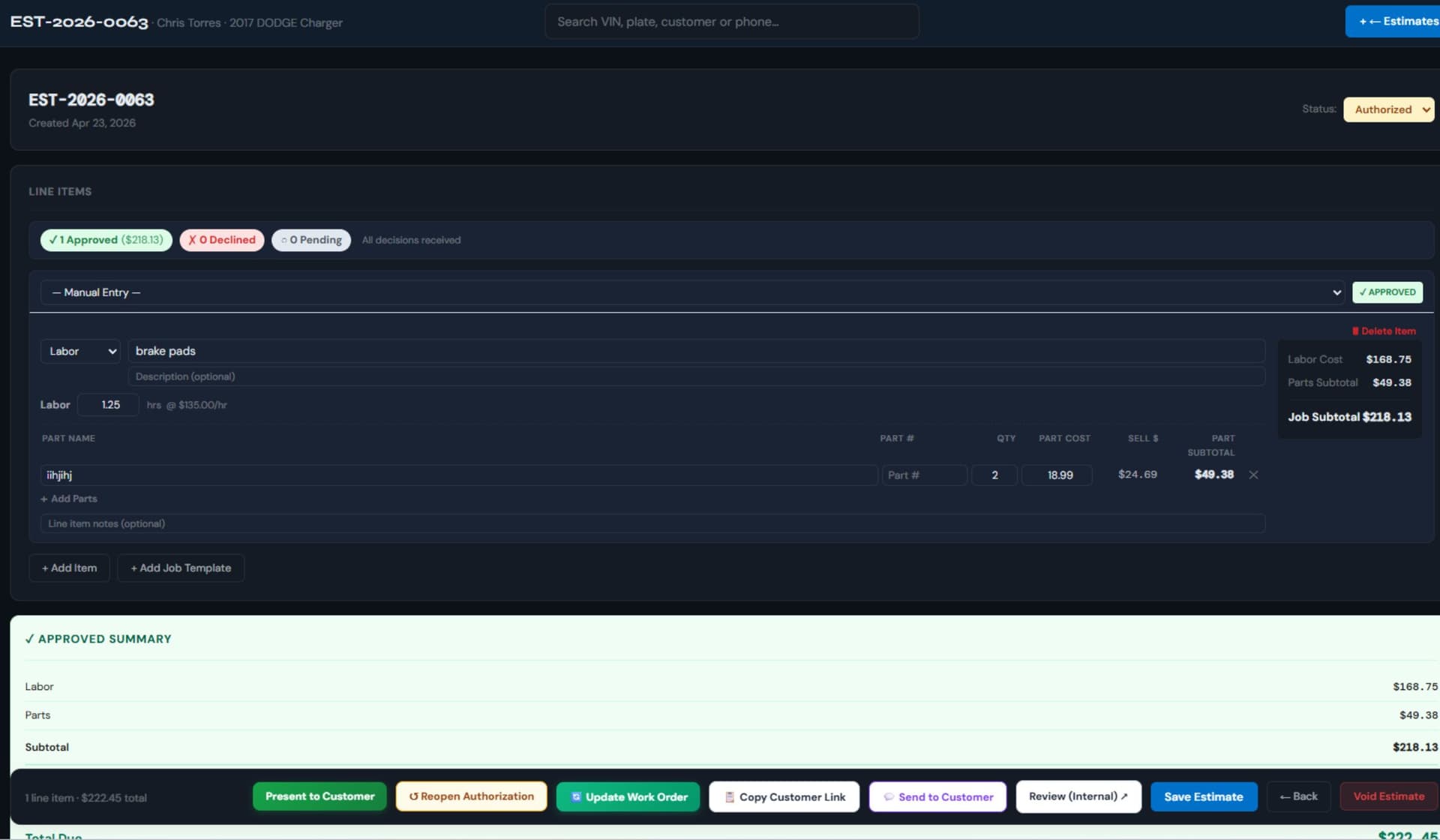 Auto repair estimate workspace with job totals